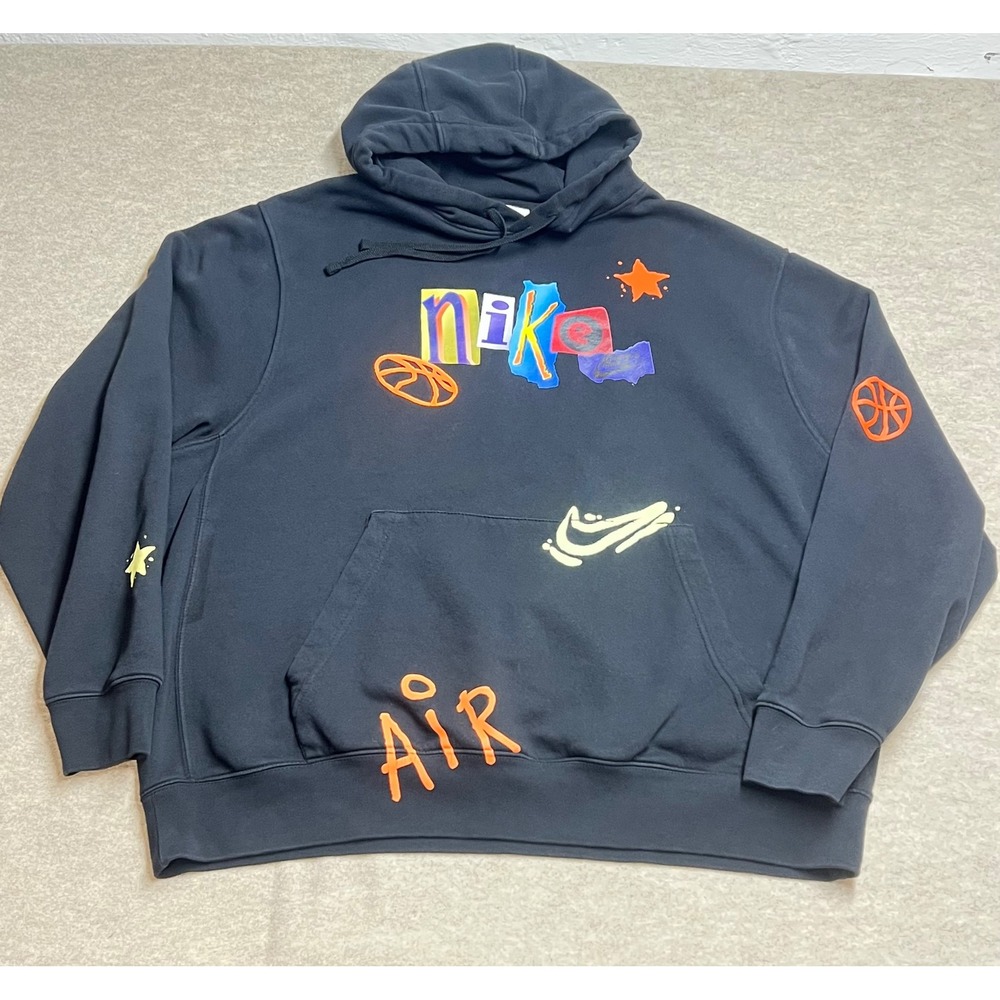 Nike XXL Black Multi-Color Graphic Hoodie Basketball Air Pullover GUC Streetwear